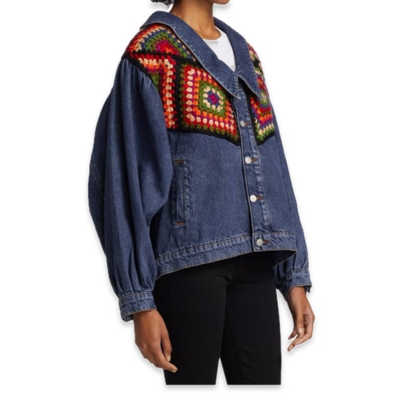FARM RIO Crochet Embroidered Denim Jacket granny square‎ medium black new med - Picture 4 of 14